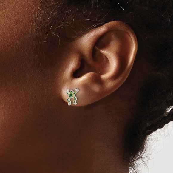 925 Sterling Silver Polished Enamel Frog Post Earrings - Picture 3 of 4